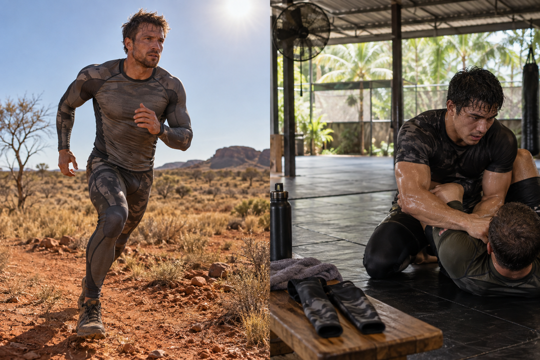 Split realistic Australian spring scene comparing dry heat and humid combat sports training