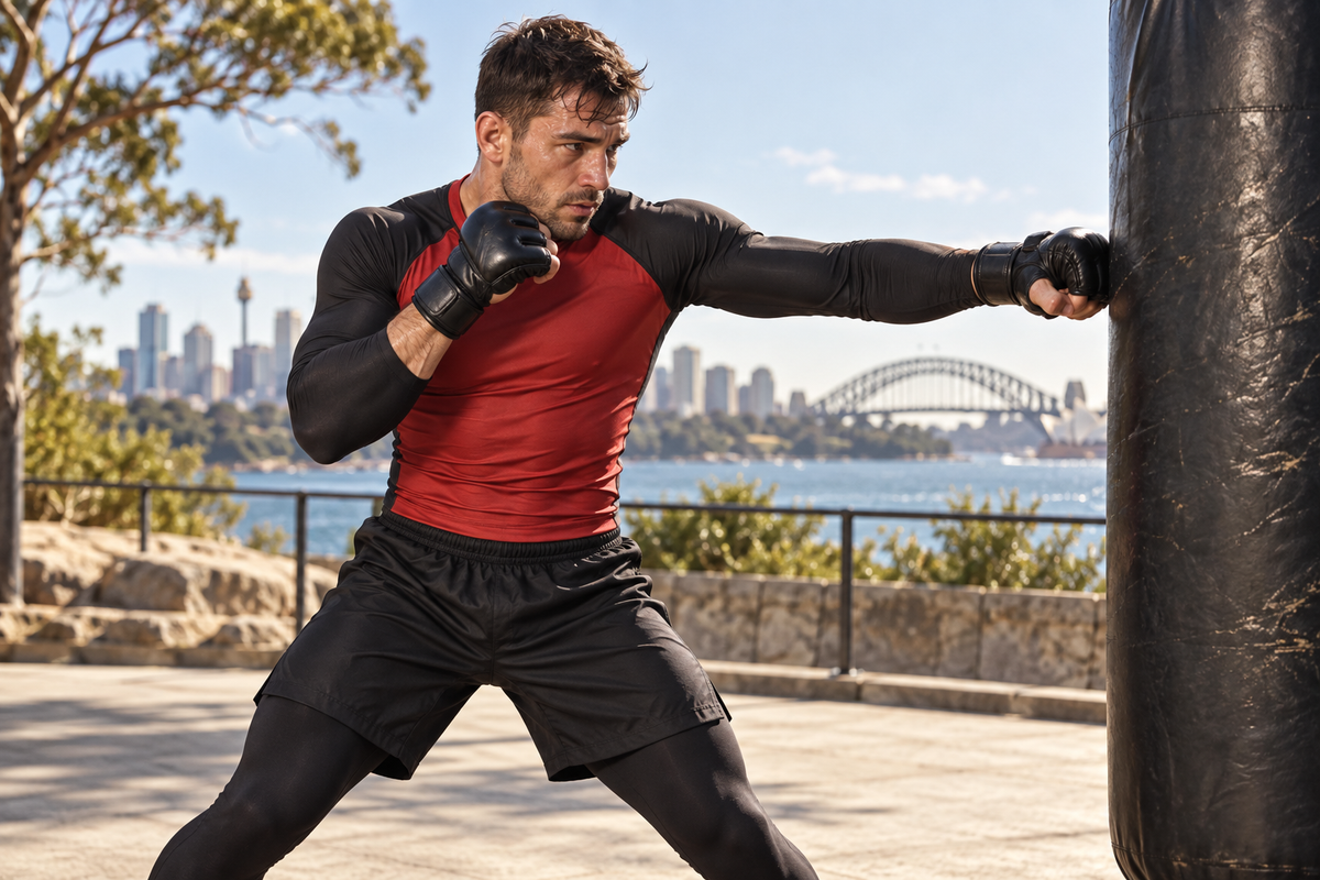 Australian MMA athlete wearing a realistic three-layer Combatra training setup in warm spring conditions