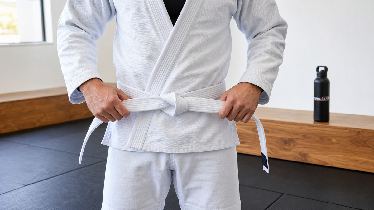 BJJ practitioner checking a tied white belt in a bright academy with Combatra branding on a training bottle