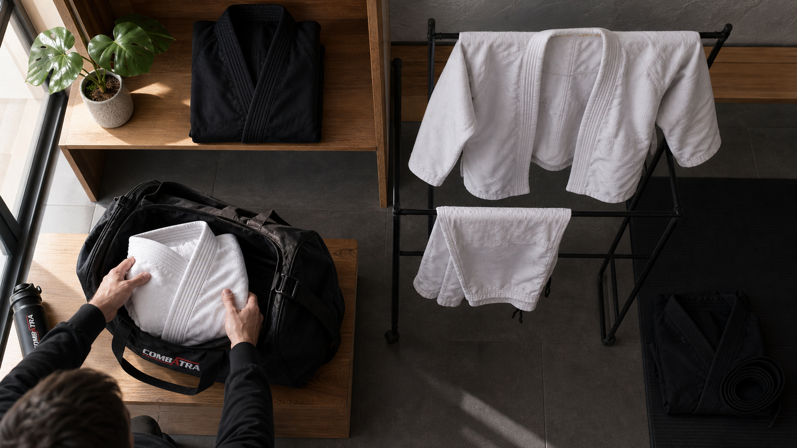 Three BJJ gis shown clean, drying and packed in a Combatra-branded bag