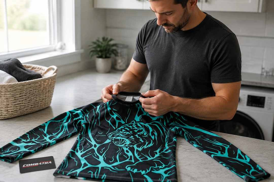 Checking the care label of an Energy Tiger rashguard at a laundry bench.