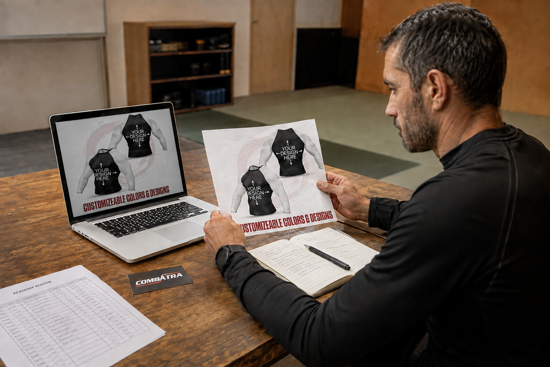 Comparing the current custom-rashguard reference with a printed reorder proof.