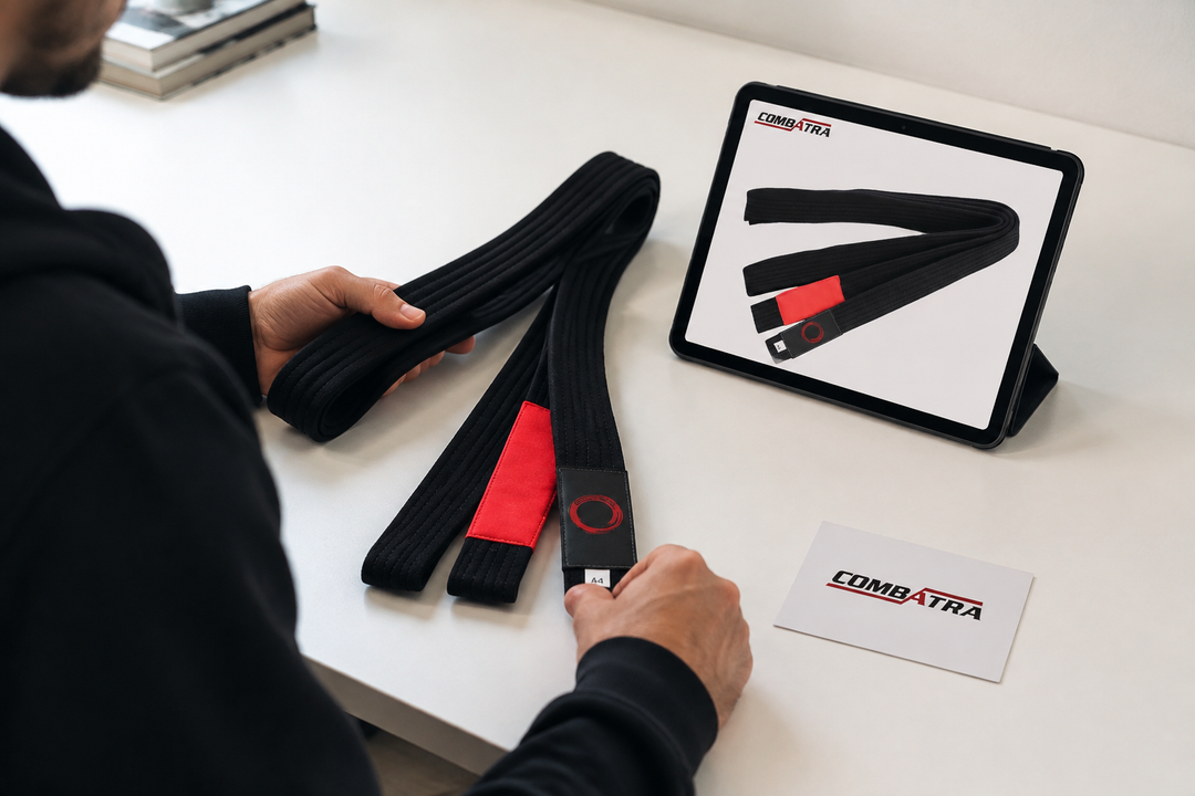 Comparing a black Combatra belt and its product reference before personalisation.