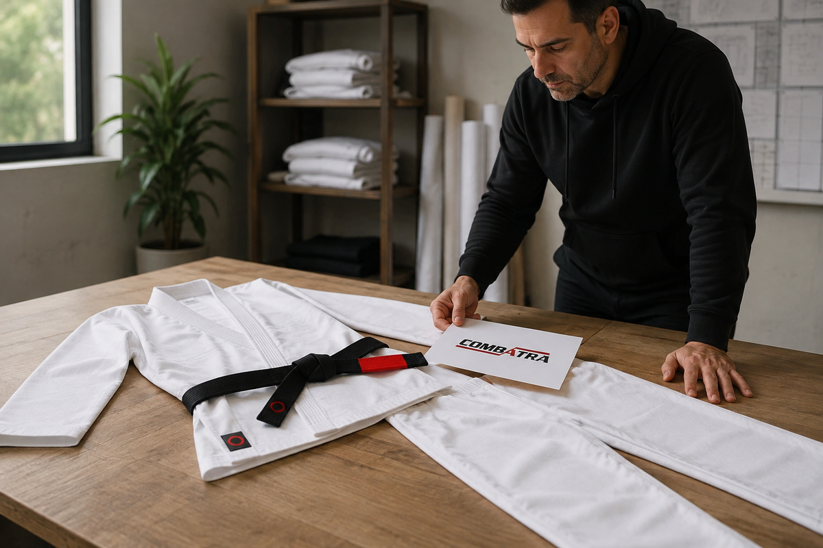 Planning loose logo artwork beside the original white Combatra Gi.