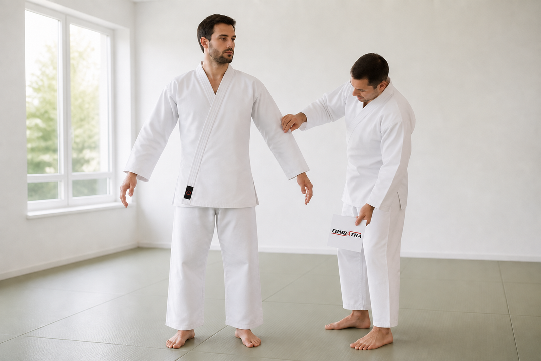 Reviewing sleeve and trouser length on the white Combatra karate uniform.