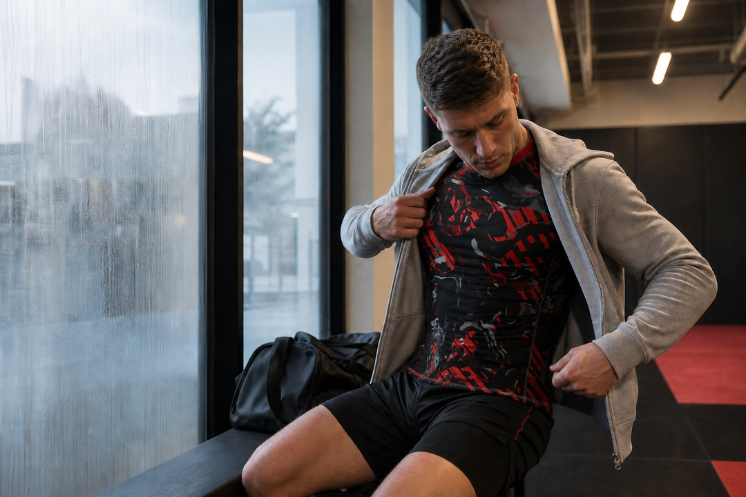 BJJ athlete arriving for late-winter training in Melbourne wearing a hoodie over a Combatra Abstract Red Camo rashguard