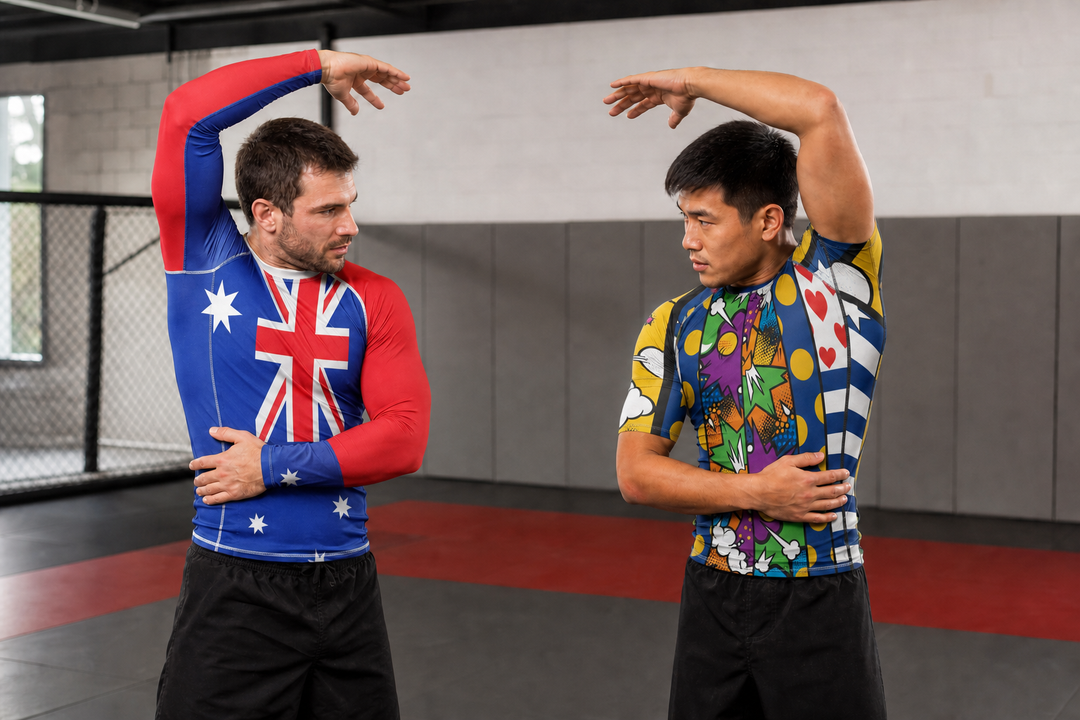 Two athletes comparing a long-sleeve Australia Flag rashguard and short-sleeve Color Burst training top