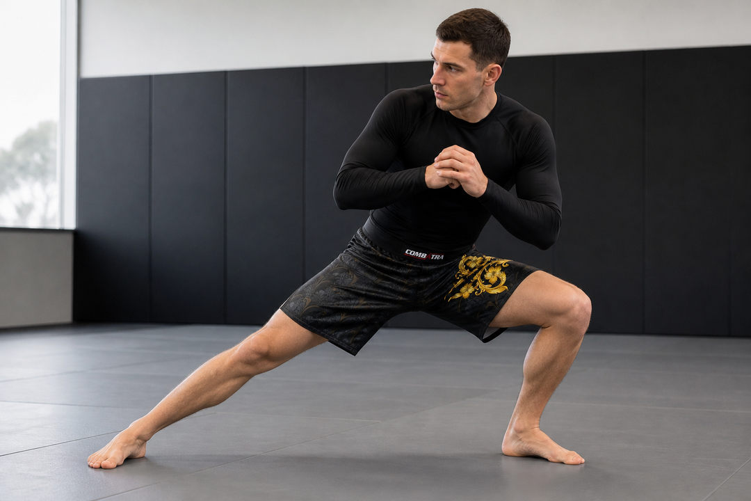 Athlete testing movement in Combatra Golden Black Armor MMA shorts
