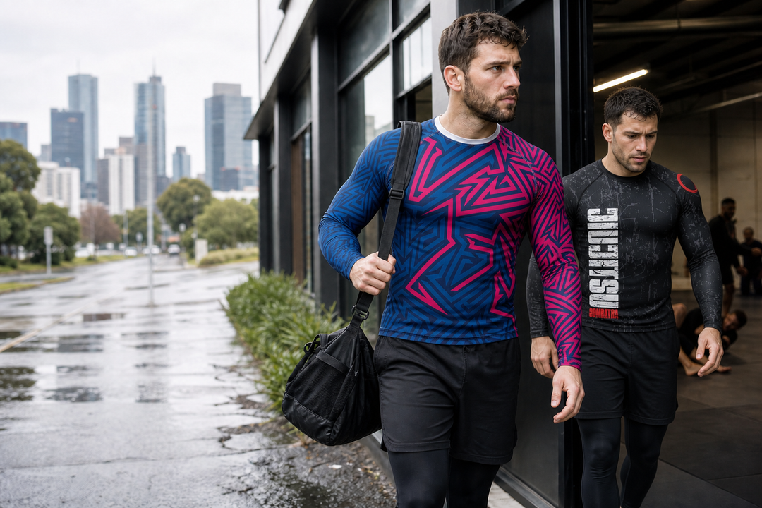 Two athletes transitioning into spring training with Combatra Abstract Geometric and Combat Armor rashguards