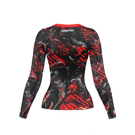 Abstract Red Camo Compression Rash Guard For Women