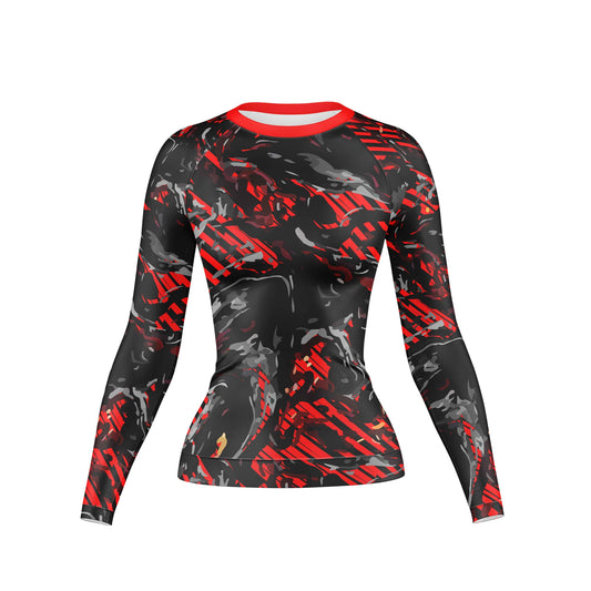 Abstract Red Camo Compression Rash Guard For Women