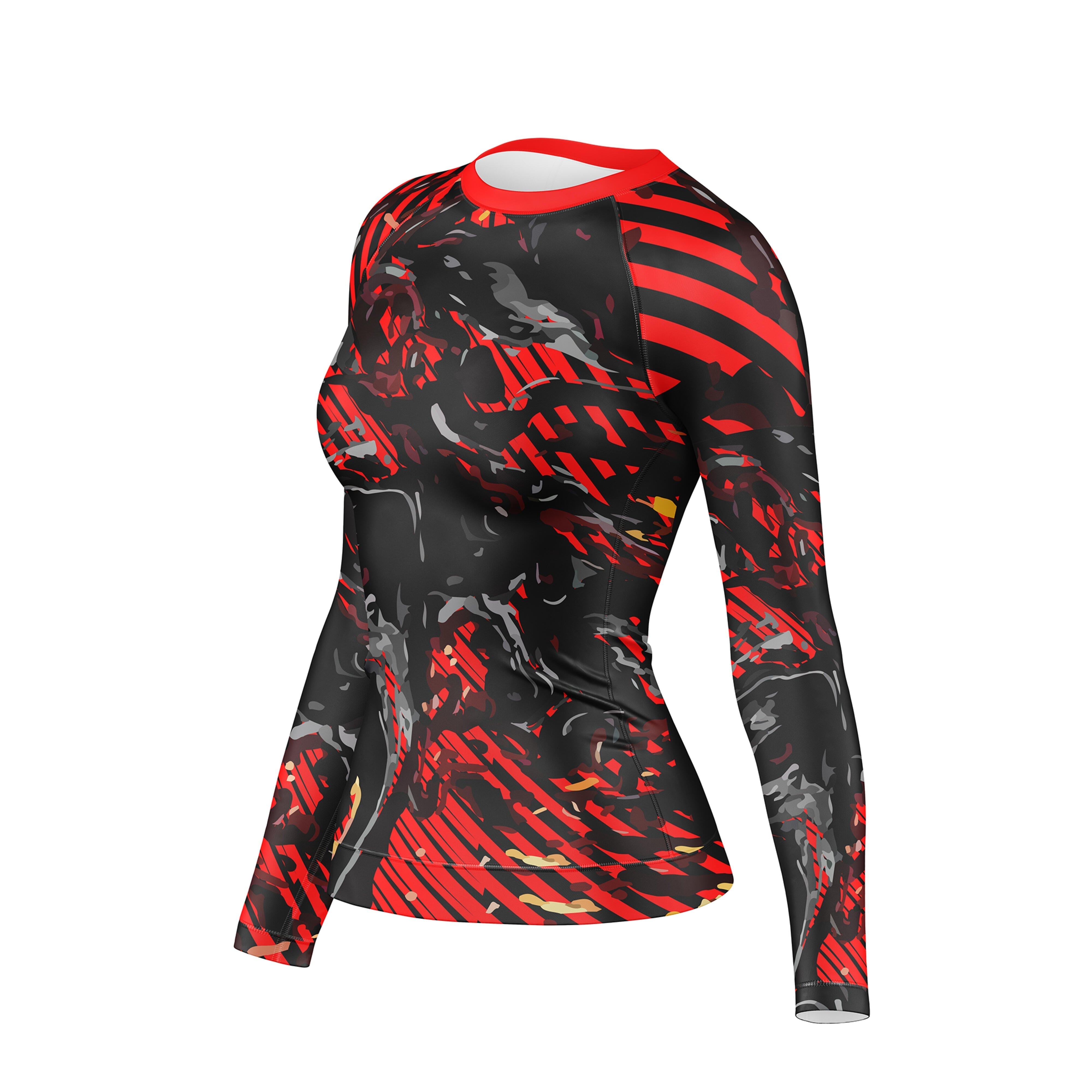 Red Abstract Camo Compression Rash Guard For Women Long-Sleeve Shirts Combatra 