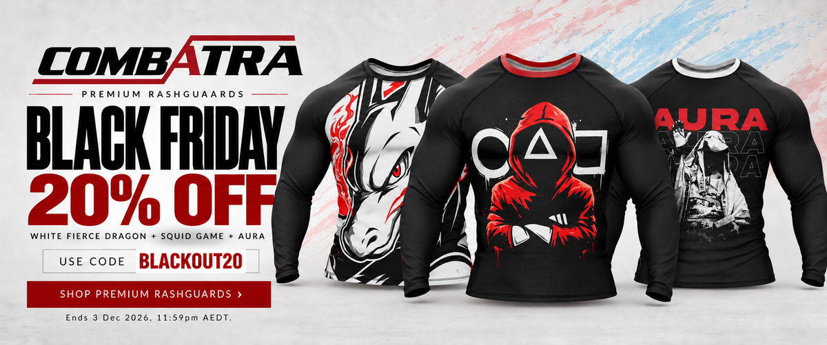 Premium Rashguards Black Friday 20% OFF — White Fierce Dragon, Squid Game and Aura — desktop