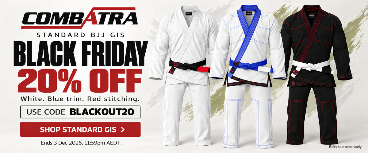Standard BJJ Gis Black Friday 20% OFF — White, White and Blue Trim, Black with Red Stitching — desktop