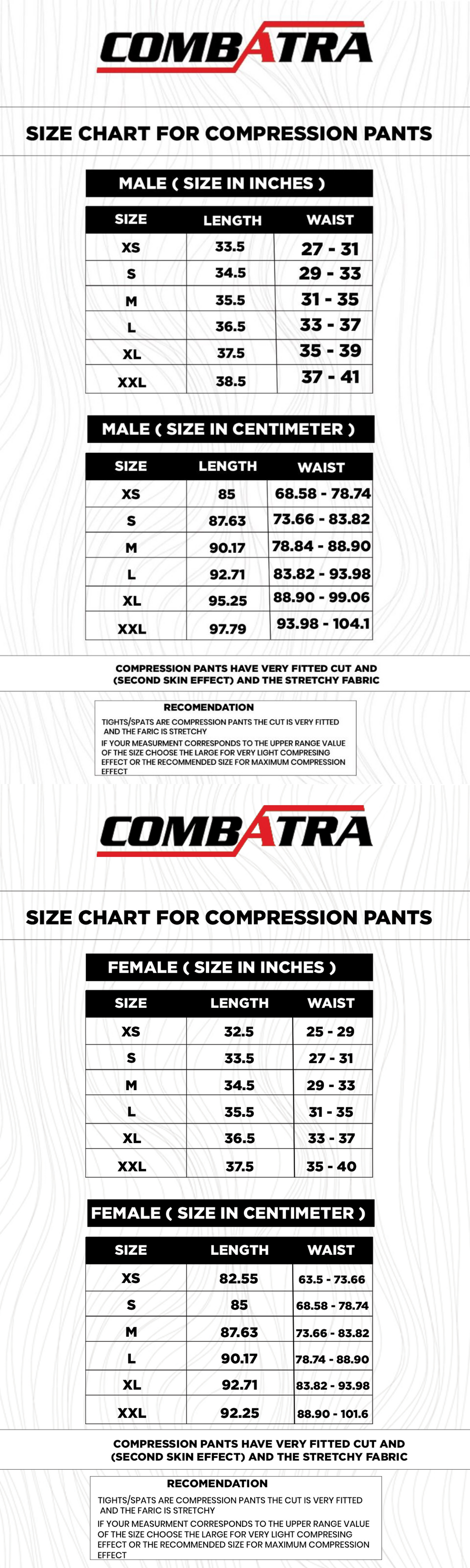 Black Edition BJJ Spats | Combatra size chart