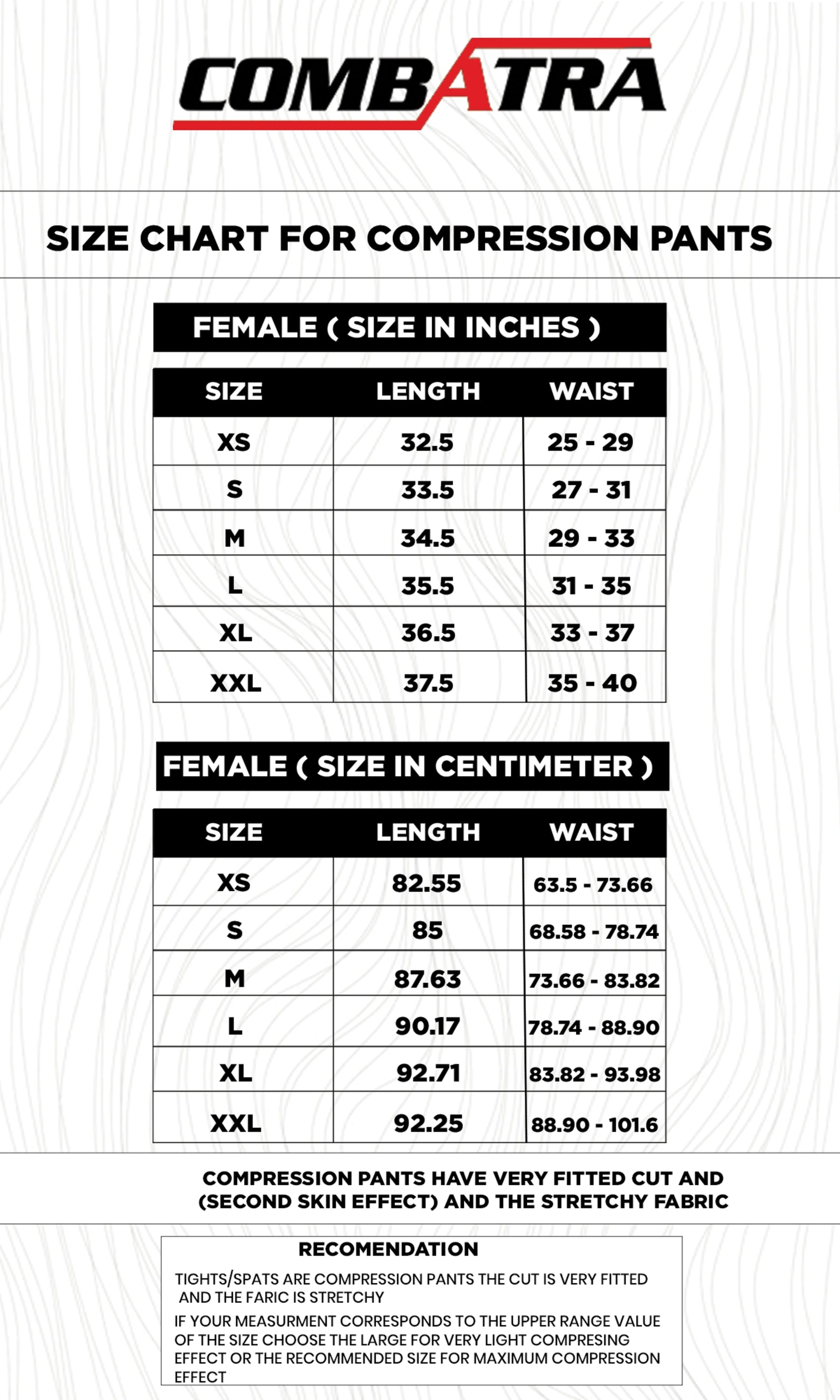 Black Edition Compression Spats | Combatra size chart