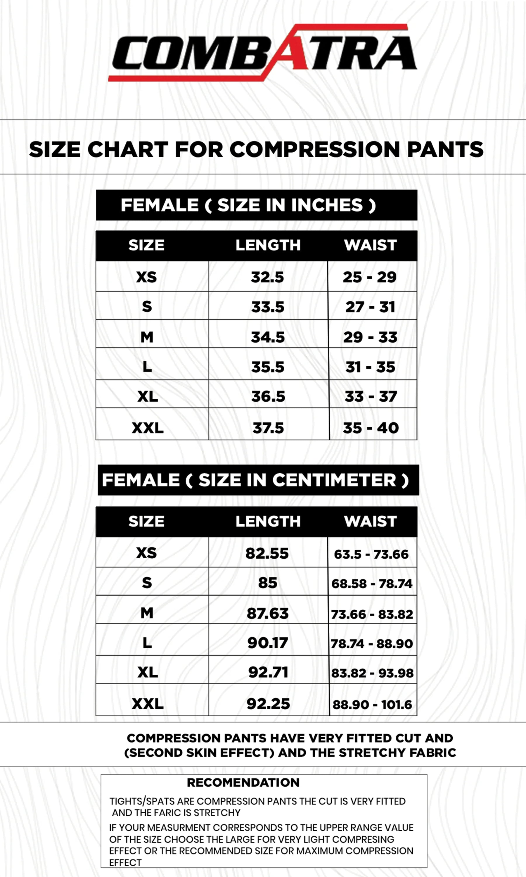 Dot Art Compression Spats | Combatra size chart