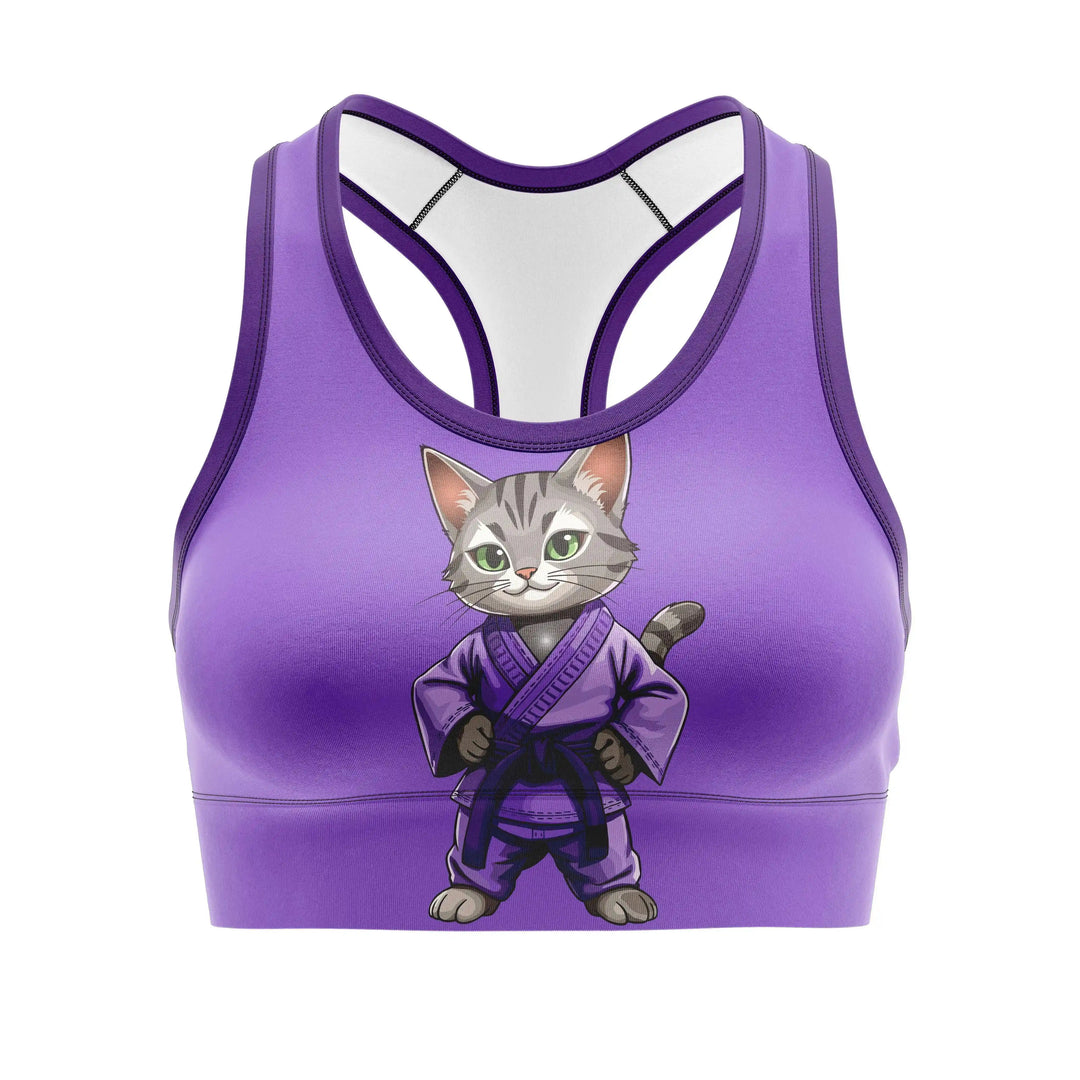 Cat Warrior Purple Sports Bra front view | Combatra