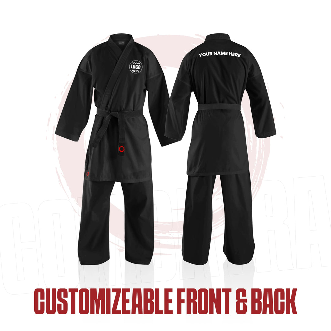 Black martial arts uniform with customizable front and back text on a white background
