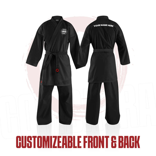 Black martial arts uniform with customizable front and back text on a white background