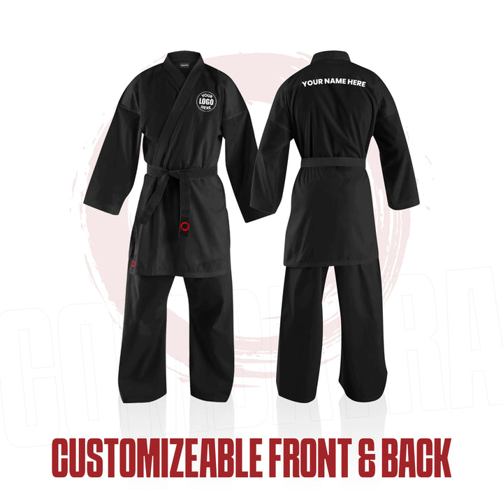 Black martial arts uniform with customizable front and back text on a white background