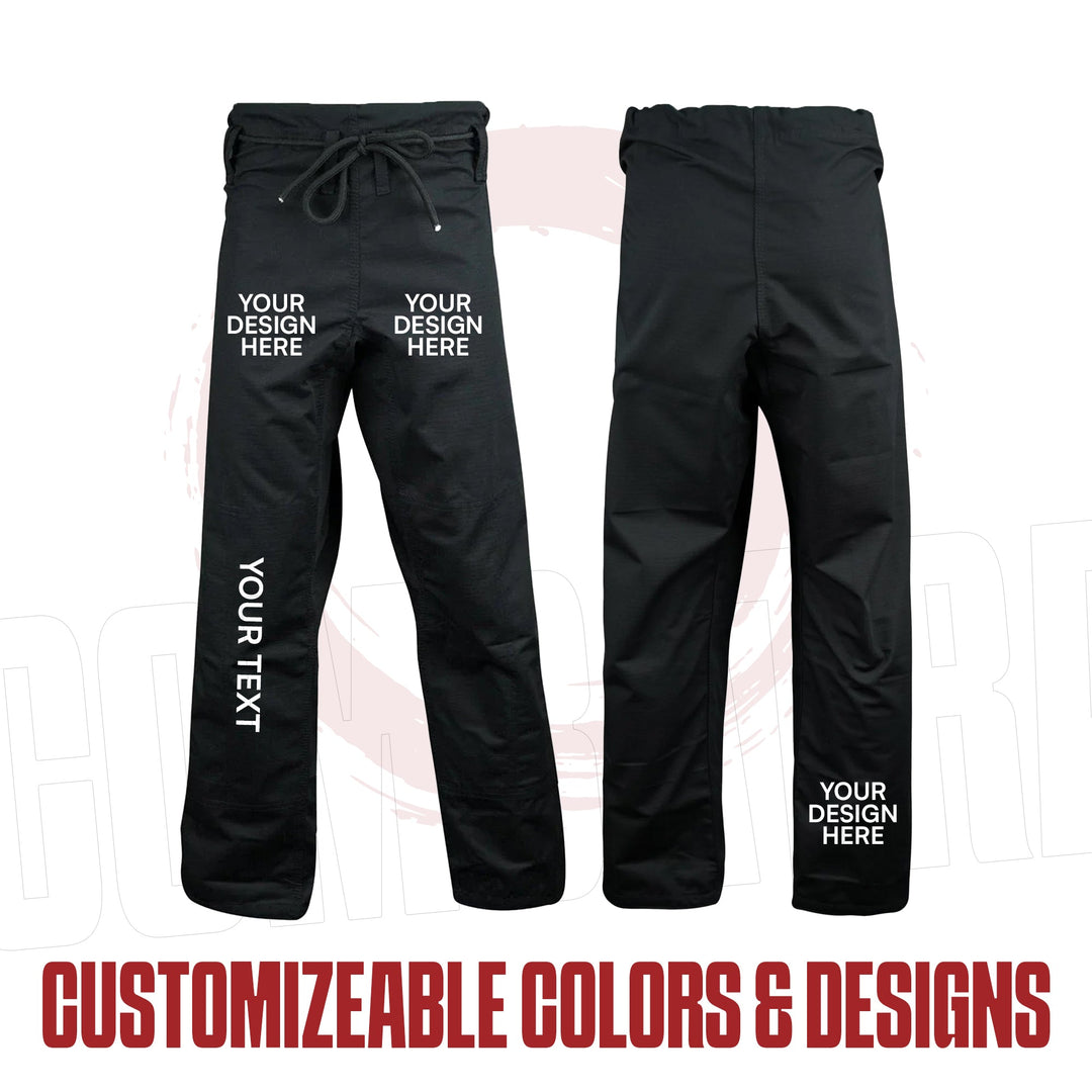 Custom loose BJJ Gi pants, front and back, with personalised design and text areas | Combatra