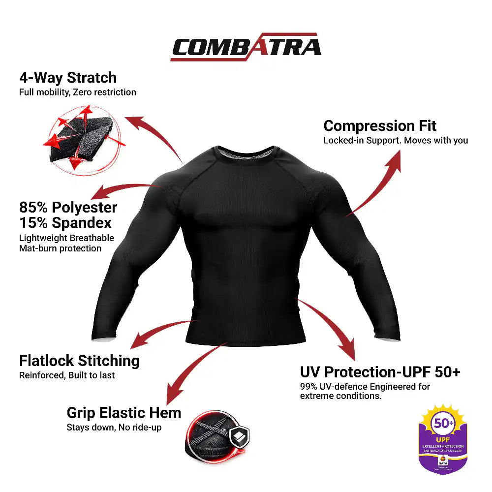 Black compression shirt with features highlighted on a white background, including 'Combatra' branding.