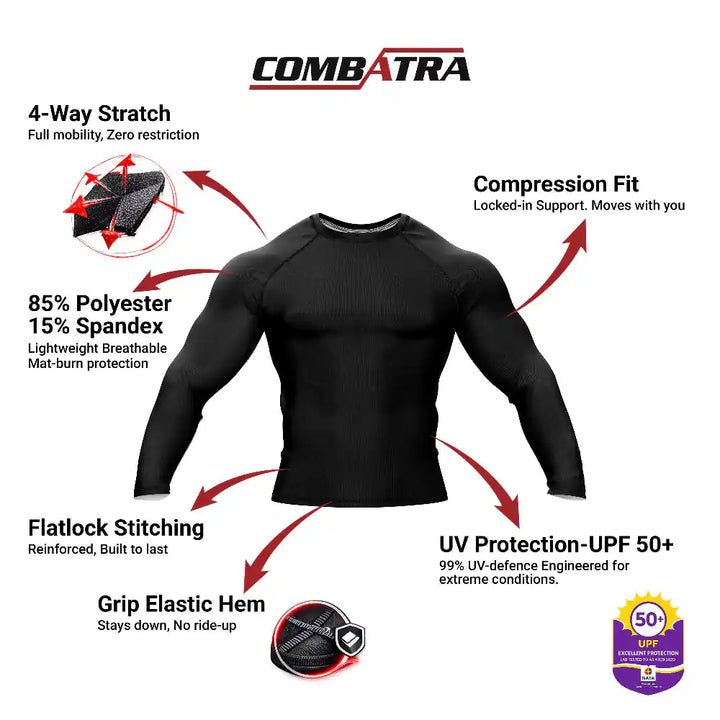 Black compression shirt with features highlighted on a white background, including 'Combatra' branding.