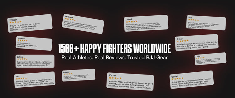 Promotional banner for BJJ gear with customer reviews on a dark background