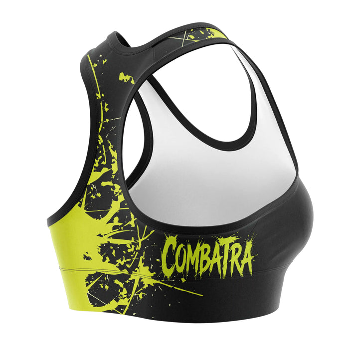 Green Chaos Mode Sports Bra detail view | Combatra