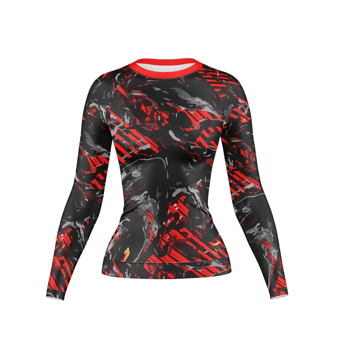 Abstract Red Camo Compression Rash Guard For Women - Premium Rashguards | Combatra