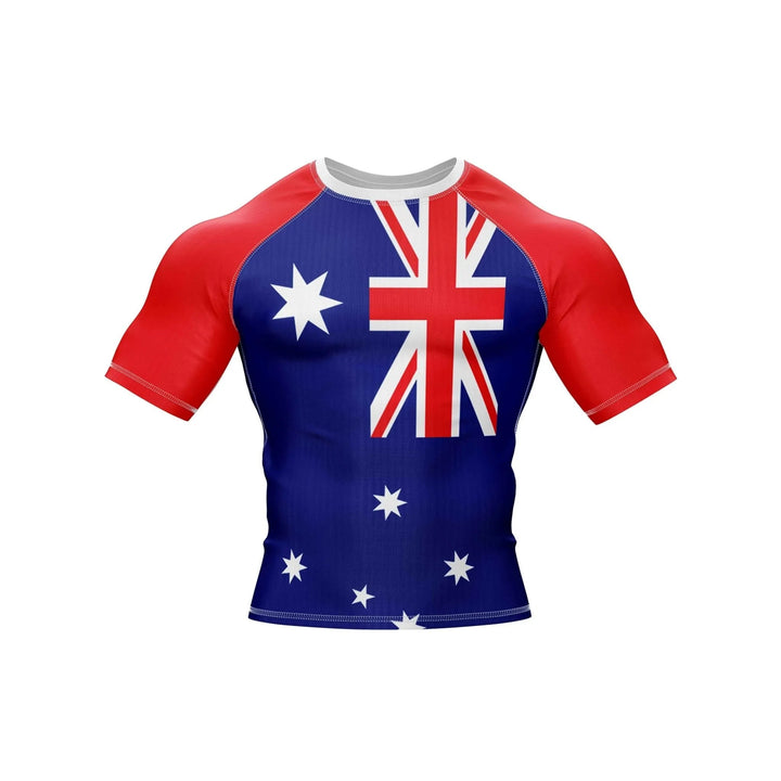 Short-sleeve shirt with Australian flag design on a white background