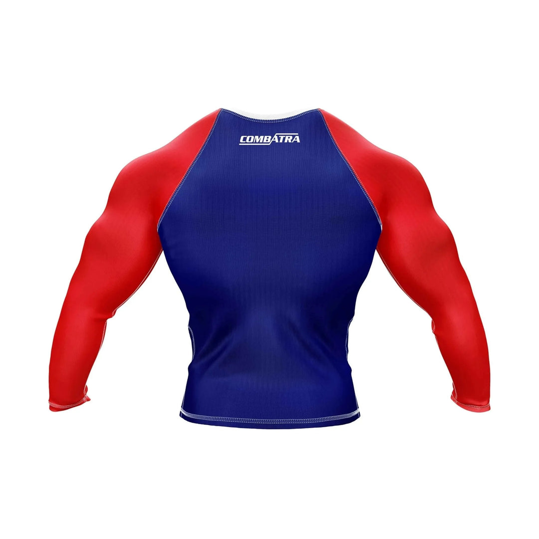 Blue athletic shirt with red sleeves on a white background