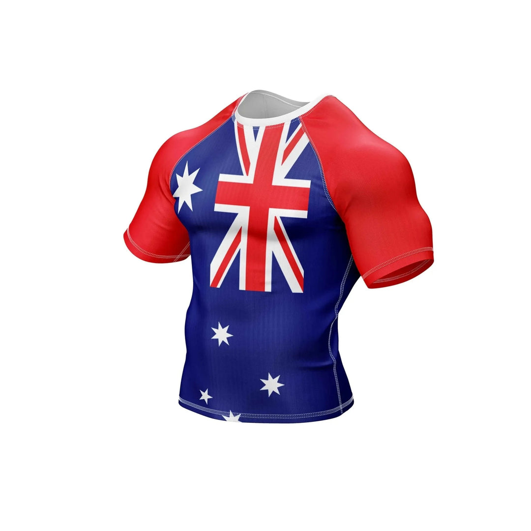 Short-sleeve shirt with Australian flag design on a white background