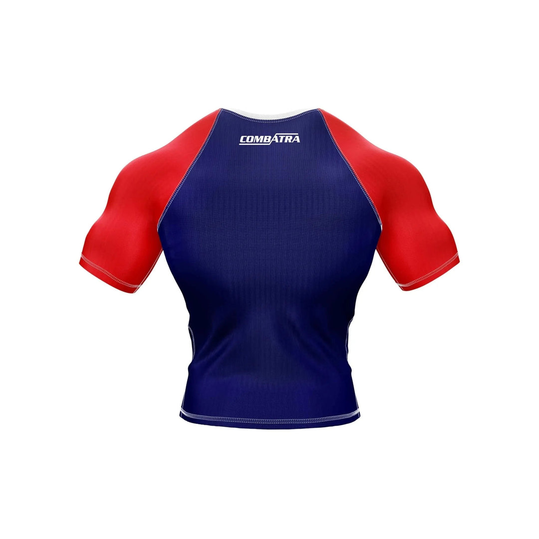 Blue and red athletic shirt with &