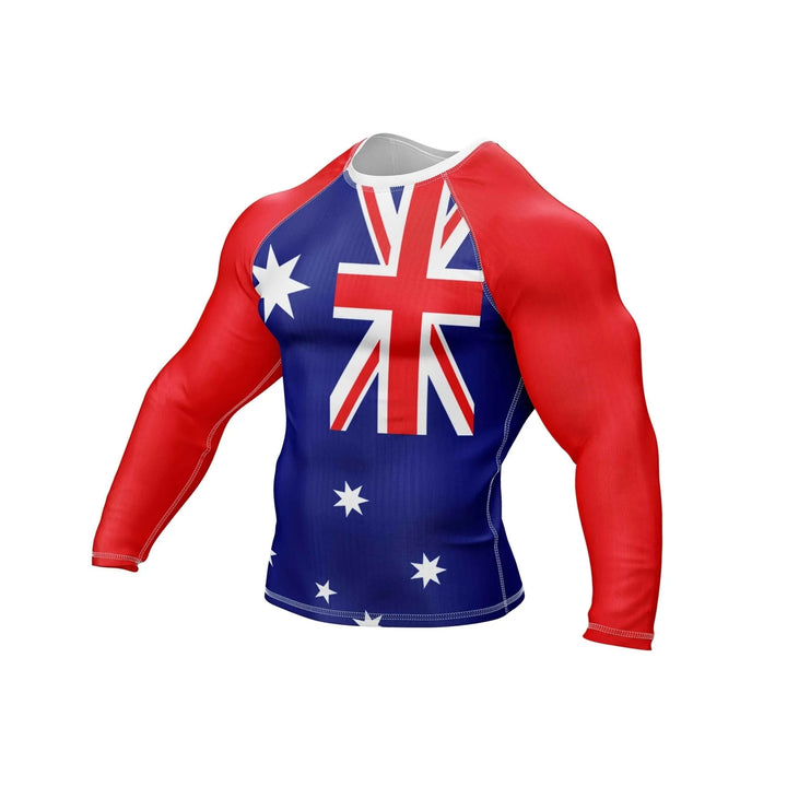 Long-sleeve shirt with Australian flag design on a white background