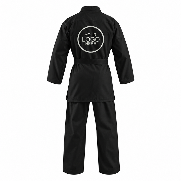 Custom Alpha Black Karate Uniform – 14 oz - full rear logo set