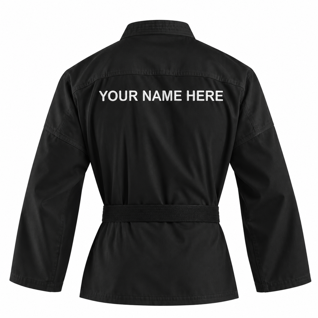 Custom Black Lightweight Karate Uniform – 8 oz - rear-name detail