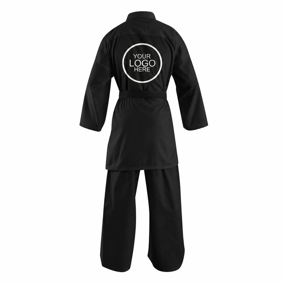 Combatra Custom Black 10 oz Karate Uniform back view – custom logo placement