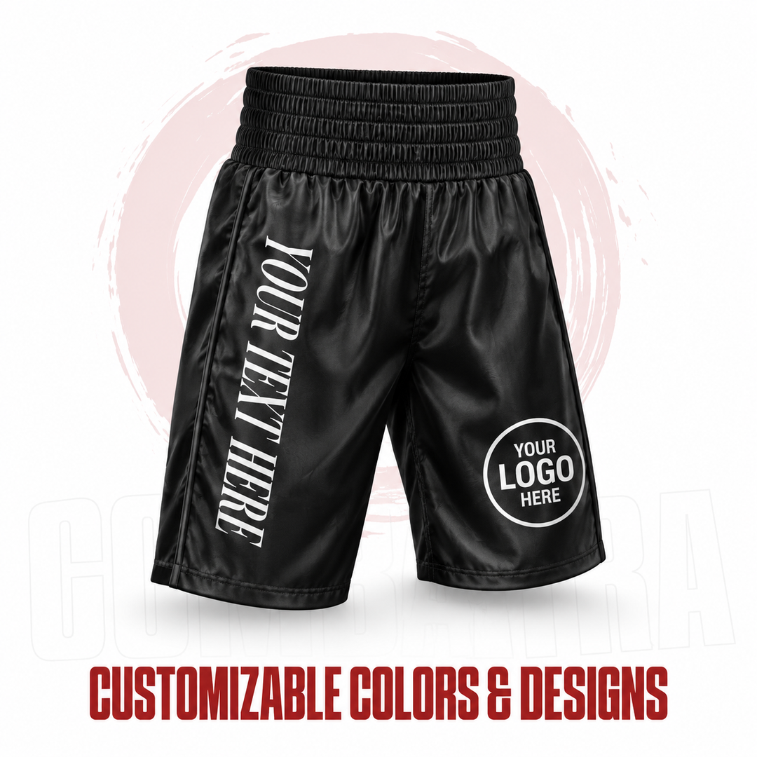 Custom black boxing shorts with personalised text and logo placeholders | Combatra