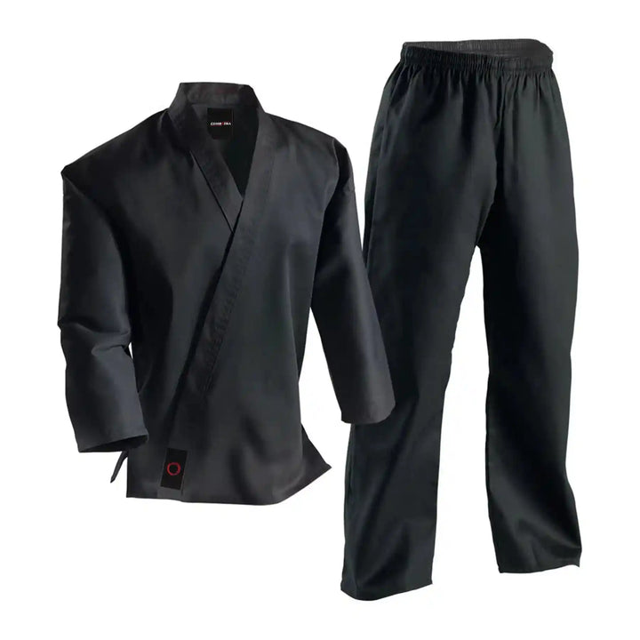 14 oz Durable Black Karate Uniform front view with jacket and pants