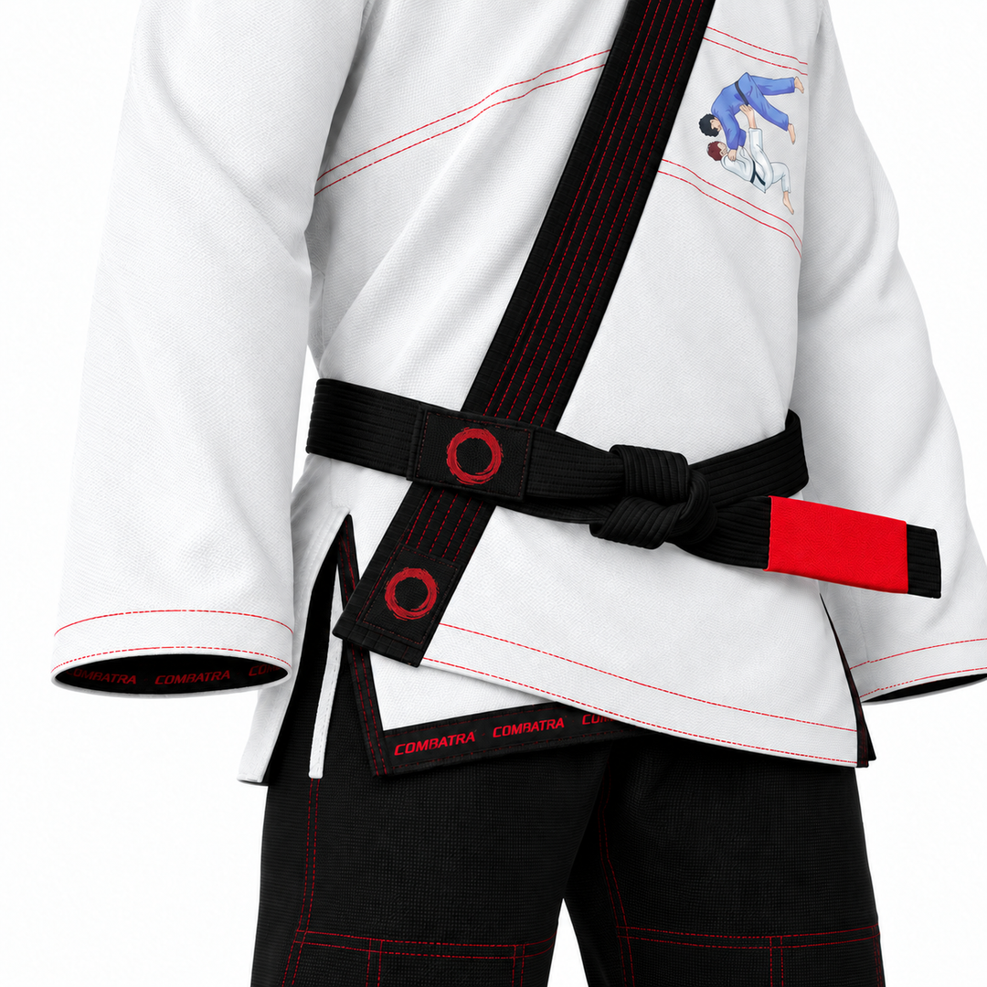 Combatra White and Black Standard BJJ Gi waist detail with red stitching