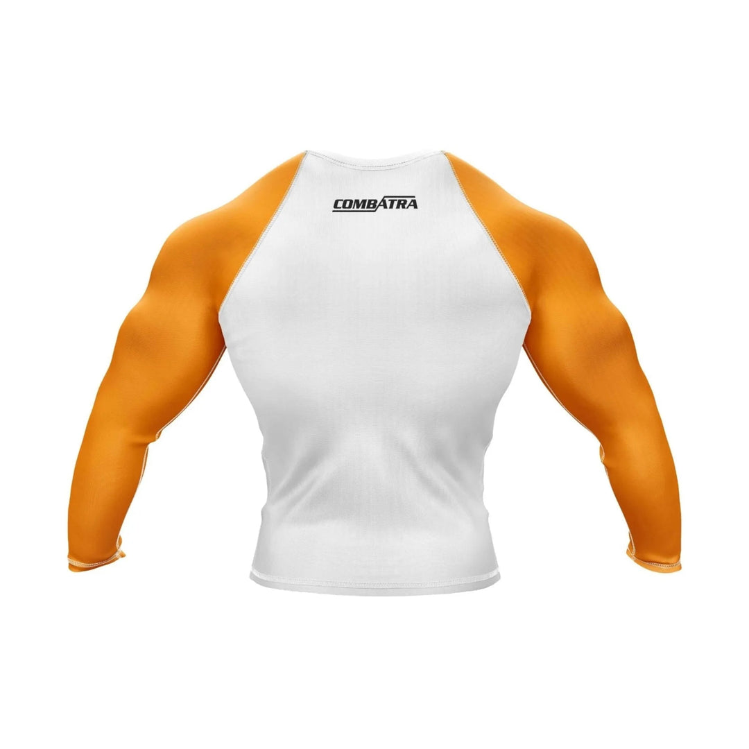 Customizable White and Orange Compression Rash Guard - Ranked Rashguard | Combatra