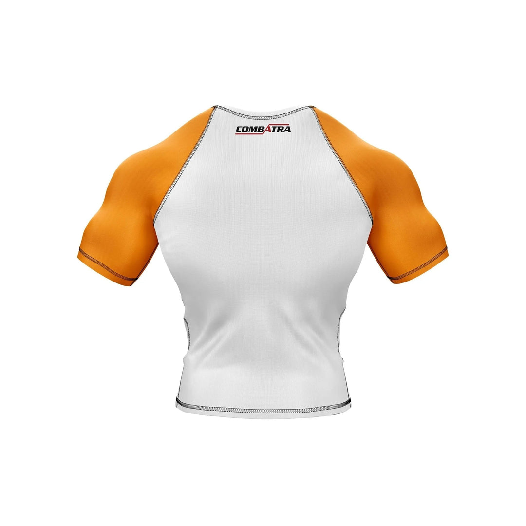 Customizable White and Orange Compression Rash Guard - Ranked Rashguard | Combatra