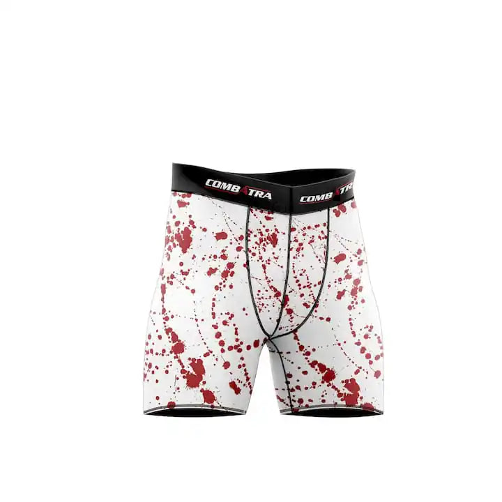 White athletic shorts with red splatter pattern and black waistband on a white background