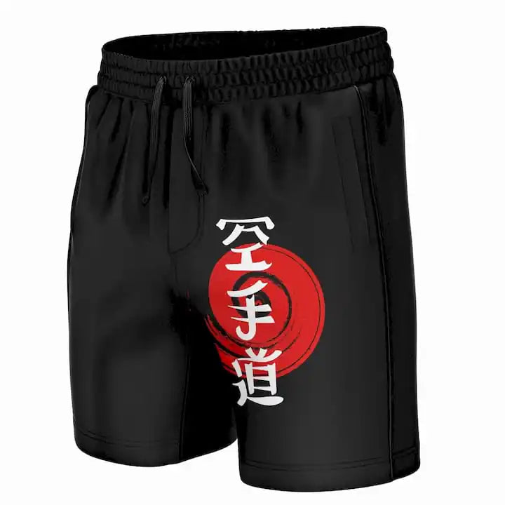 Black shorts with a red and white symbol on a white background