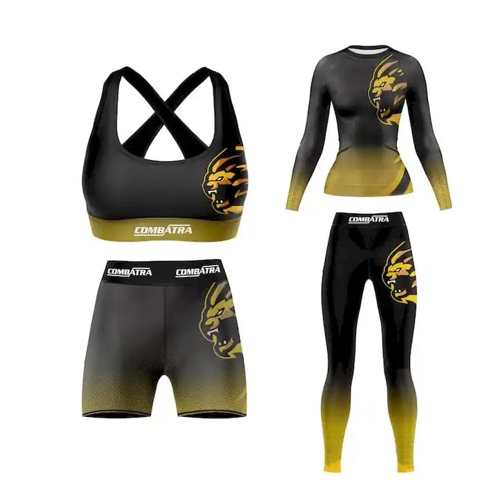 Black and yellow athletic wear set with lion logo on a white background