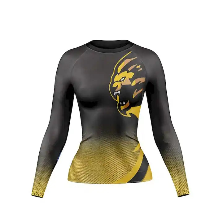 Black and yellow long-sleeve athletic shirt with a logo on a white background