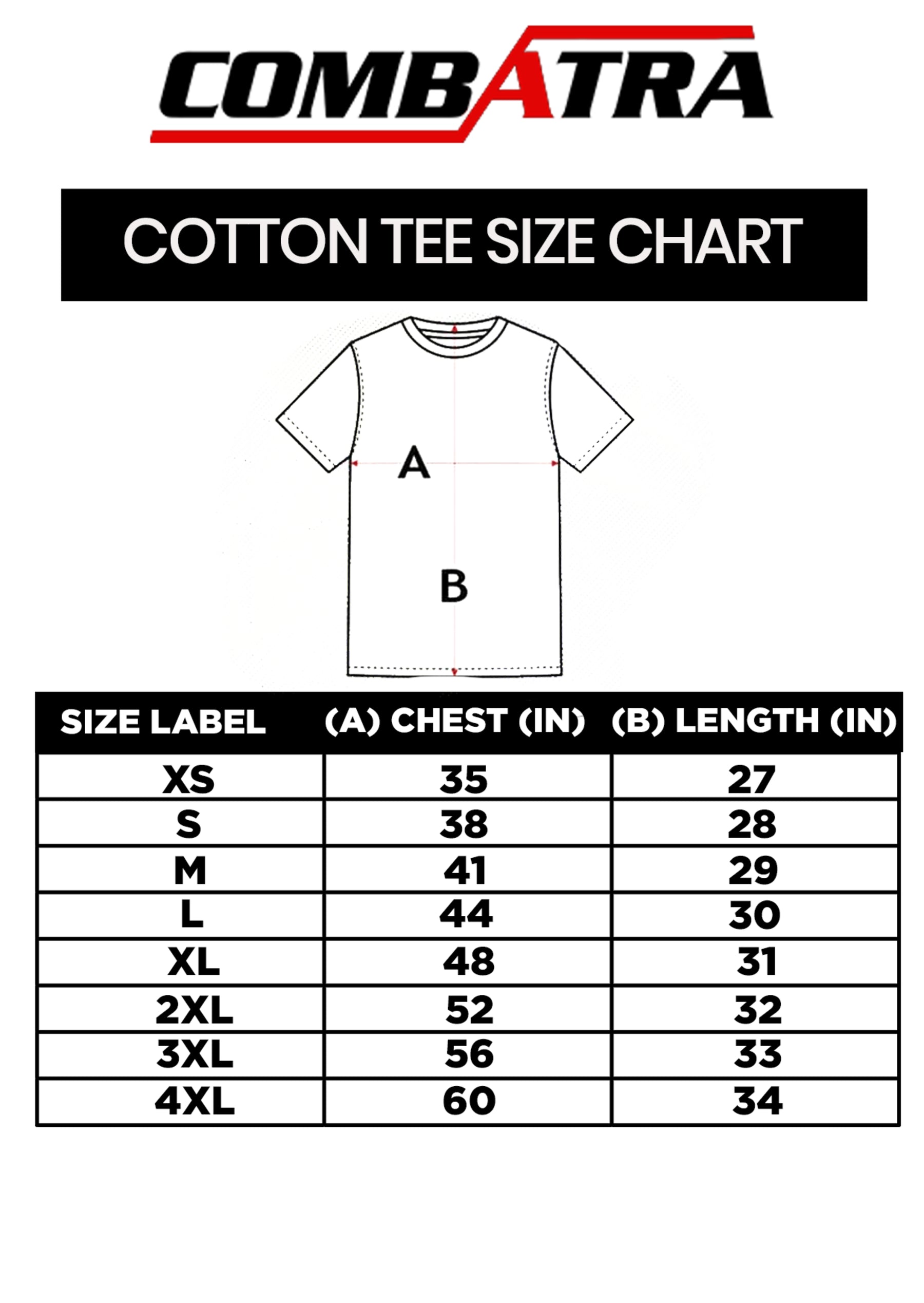 Brazilian Black Cotton Tee | Combatra size chart