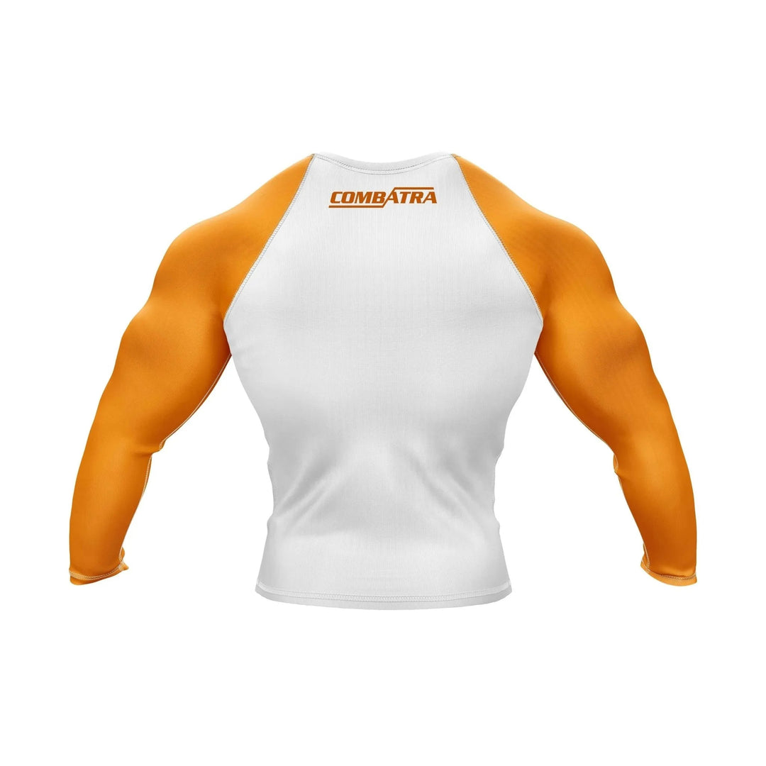 White and Orange Compression Rash Guard - Ranked Rashguard | Combatra